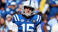 Indianapolis Colts quarterback Riley Leonard (15) looks on before the game against the Miami Dolphins at Lucas Oil Stadium.