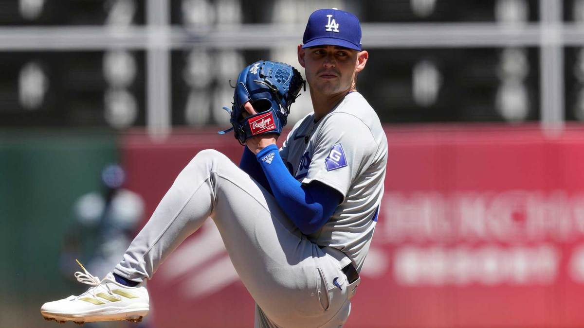 Los Angeles Dodgers starting pitcher River Ryan (77) throws a pitch against the Oakland Athletics during the fourth inning at Oakland-Alameda County Coliseum.