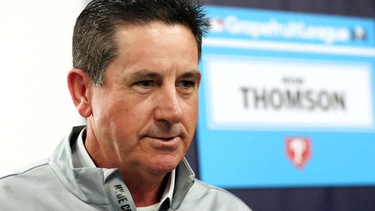 Philadelphia Phillies manger Rob Thompson talks with media at George M. Steinbrenner Field