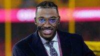 Monday Night Football commentator Robert Griffin III at the broadcast desk prior to a game between the Kansas City Chiefs and Philadelphia Eagles at GEHA Field at Arrowhead Stadium.