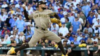 San Diego Padres pitcher Robert Suarez (75) delivers during game two of the Wildcard round for the 2025 MLB playoffs at Wrigley Field.