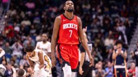 Rockets forward Kevin Durant (7) looks on against the New Orleans Pelicans during the second half at Smoothie King Center with Marcus Morris in the background