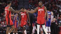 Rockets forward Jabari Smith Jr. (10) and forward Kevin Durant (7) react after a play during the second quarter against the Detroit Pistons at Toyota Center