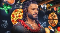 WWE Superstar Roman Reigns with pizza restaurant background.
