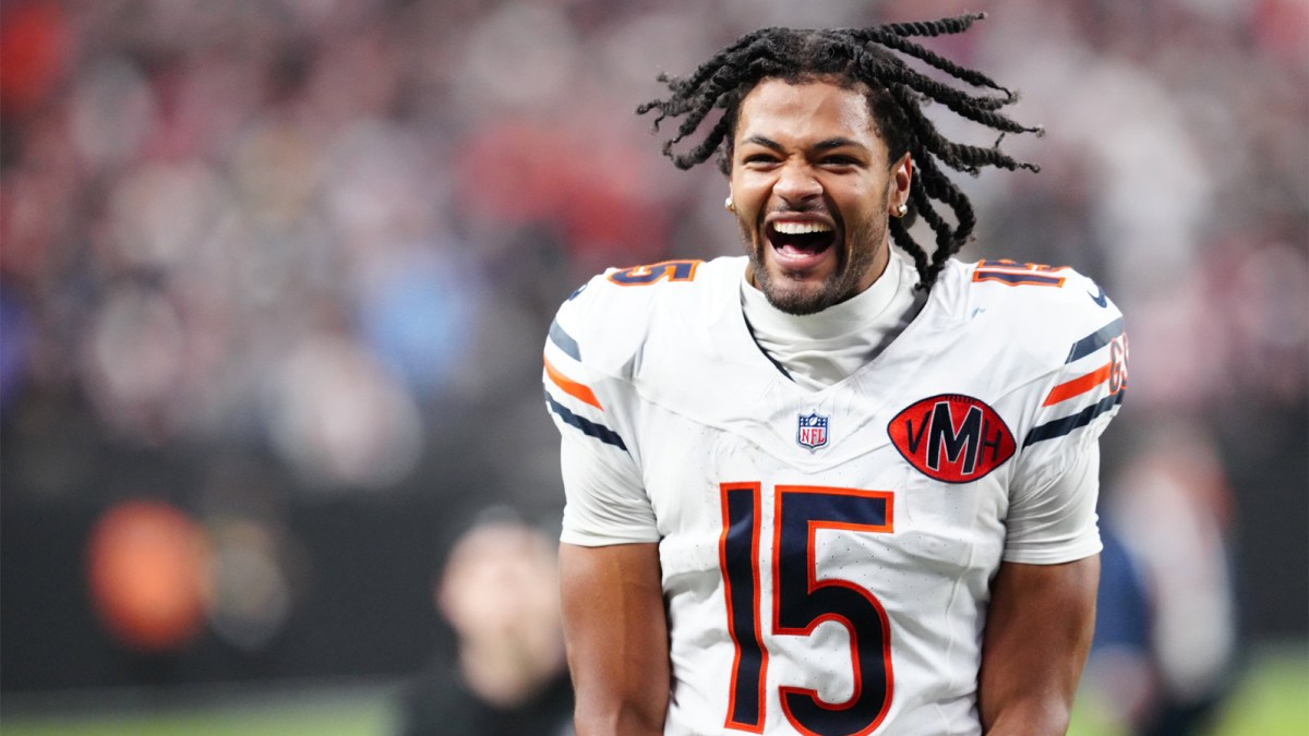 Chicago Bears wide receiver Rome Odunze (15) celebrates after the game against the Las Vegas Raiders at Allegiant Stadium.