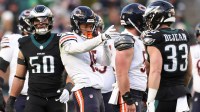 Chicago Bears wide receiver Rome Odunze (15) celebrates a first down against the Philadelphia Eagles during the first quarter of the game at Lincoln Financial Field.