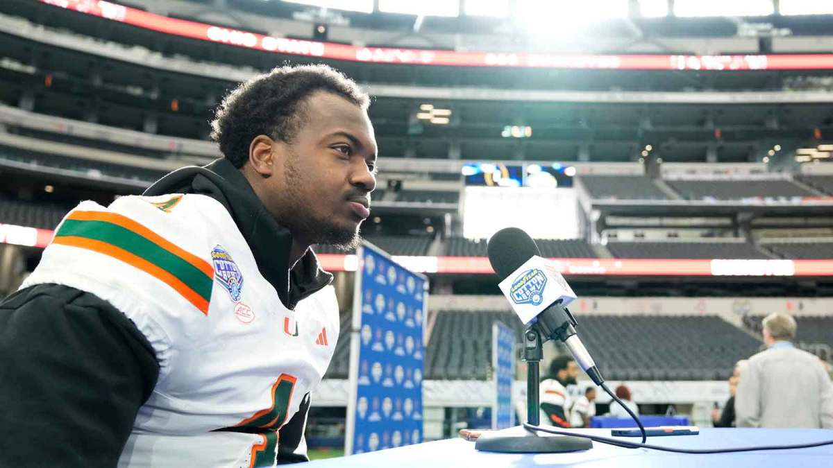 Miami Hurricanes defensive lineman Rueben Bain Jr. speaks during the Cotton Bowl Media Day at AT&T Stadium in Dallas prior to the College Football Playoff matchup against the Ohio State Buckeyes on Dec. 29, 2025.