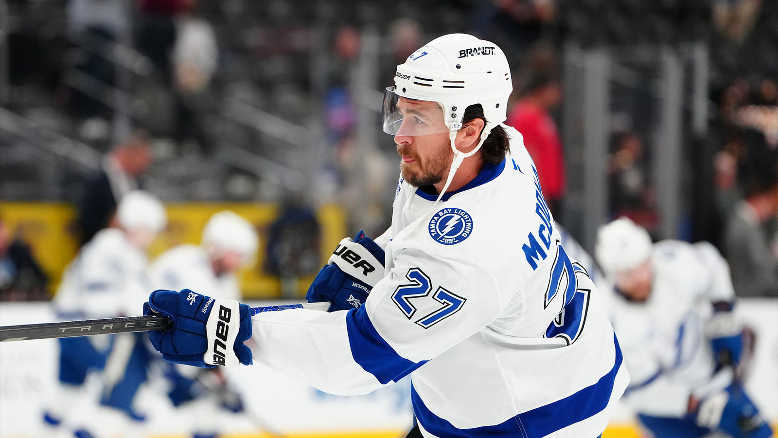Tampa Bay Lightning defenseman Ryan McDonagh (27) warms up before a game against the Vegas Golden Knighs at T-Mobile Arena.