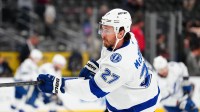 Tampa Bay Lightning defenseman Ryan McDonagh (27) warms up before a game against the Vegas Golden Knighs at T-Mobile Arena.