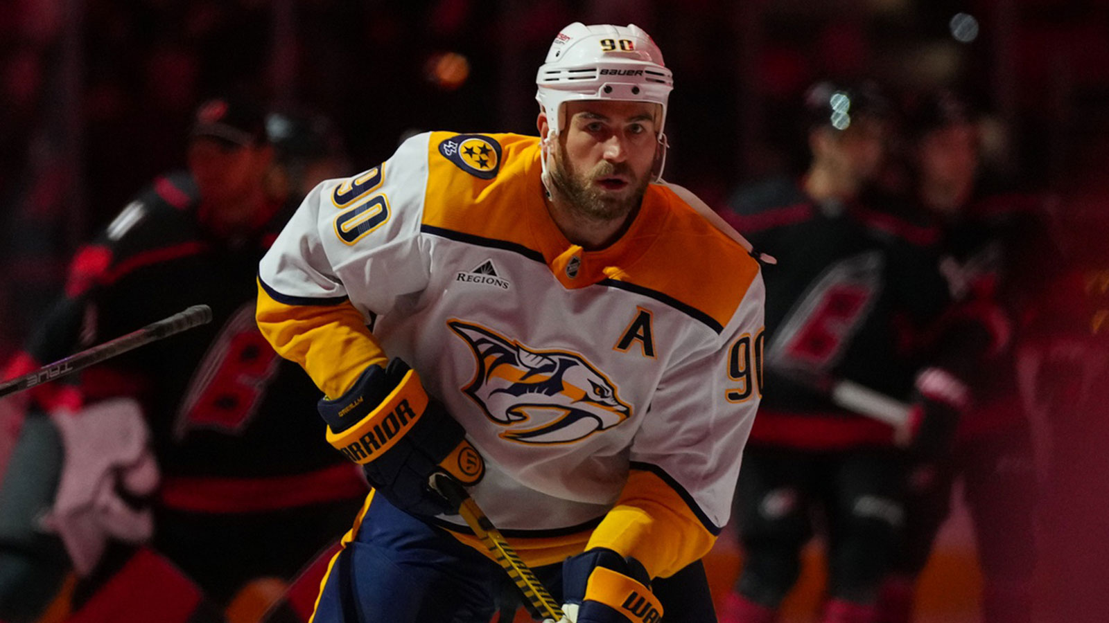 Nashville Predators center Ryan O'Reilly (90) skates before the game against the Carolina Hurricanes at Lenovo Center.