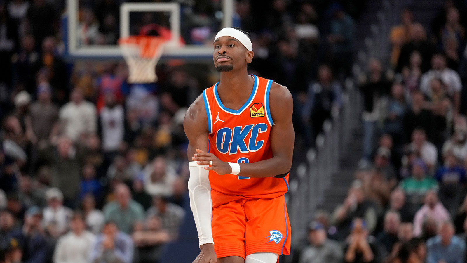 Oklahoma City Thunder guard Shai Gilgeous-Alexander (2) reacts after making a basket against the Golden State Warriors in the fourth quarter at the Chase Center.