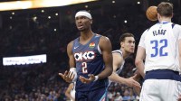 Oklahoma City Thunder guard Shai Gilgeous-Alexander (2) reacts after a call against him following a defensive play against the Dallas Mavericks during the second quarter at Paycom Center.