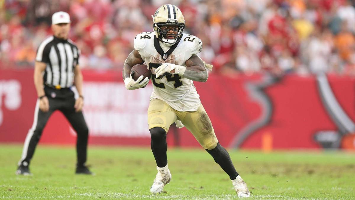 New Orleans Saints running back Devin Neal (24) runs for a gain during the fourth quarter against the Tampa Bay Buccaneers at Raymond James Stadium.