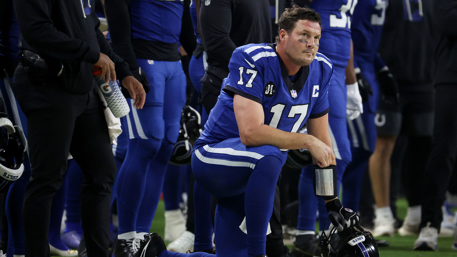 Indianapolis Colts quarterback Philip Rivers (17) looks on in the second quarter of the game against the San Francisco 49ers at Lucas Oil Stadium.