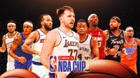 Luka Doncic, Jalen Brunson, Bam Adebayo, Paolo Banchero, Brandon Ingram, Shai Gilgeous-Alexander, Devin Booker, DeAaron Fox all together with NBA Cup logo front and center.