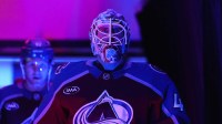 Colorado Avalanche goaltender Scott Wedgewood (41) before the game against the Vancouver Canucks at Ball Arena.
