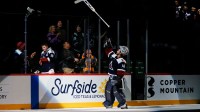 Colorado Avalanche goaltender Scott Wedgewood (41) tosses his stick to a fan after the game against the Utah Mammoth at Ball Arena.