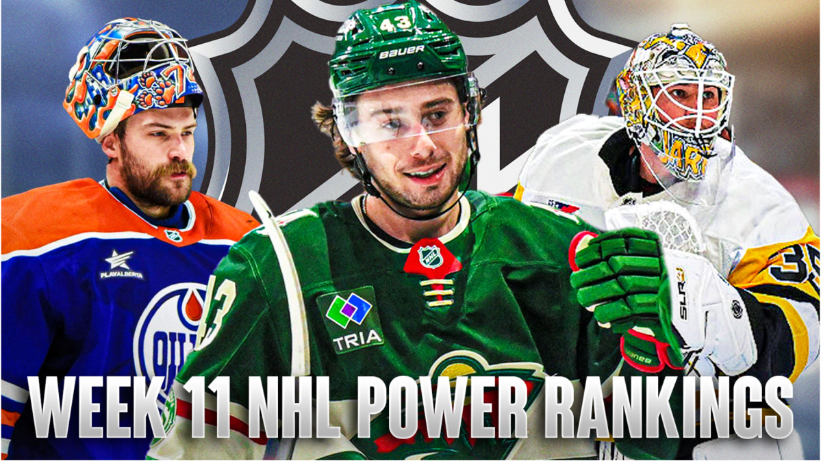 Quinn Hughes in middle looking happy in Minnesota Wild jersey (he played his first game for them yesterday), Stuart Skinner on one side (Edmonton Oilers jersey), and Tristan Jarry on other side (Pittsburgh penguins jersey), NHL logo in image, hockey rink in background, Text: Week 11 NHL Power Rankings