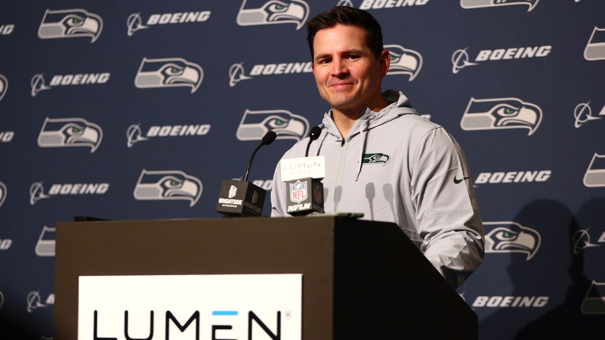 Seattle Seahawks head coach Mike MacDonald speaks in a press conference after defeating the Los Angeles Rams at Lumen Field.