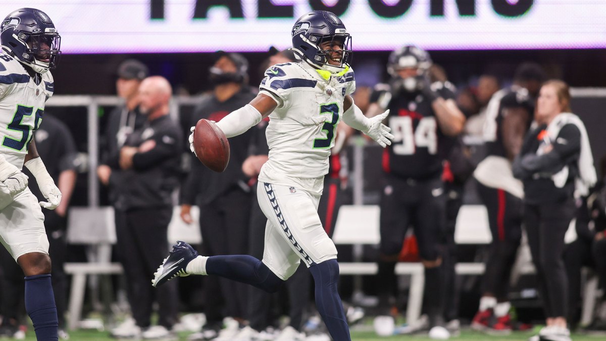 Seattle Seahawks safety Nick Emmanwori (3) celebrates after an interception against the Atlanta Falcons in the third quarter at Mercedes-Benz Stadium.