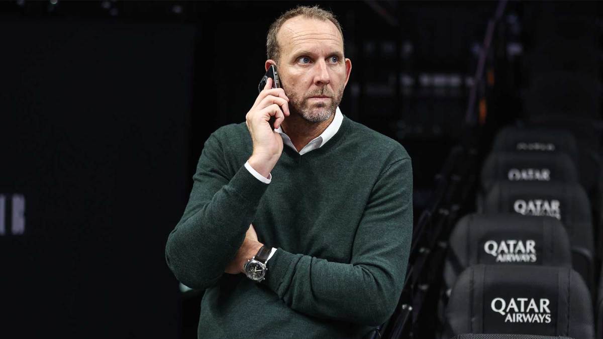 Brooklyn Nets General Manager Sean Marks looks on during warmups prior to the game against the Atlanta Hawks at Barclays Center.