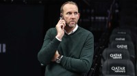 Brooklyn Nets General Manager Sean Marks looks on during warmups prior to the game against the Atlanta Hawks at Barclays Center.