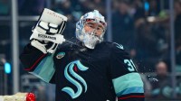 Seattle Kraken goaltender Philipp Grubauer (31) before the game against the Philadelphia Flyers at Climate Pledge Arena.