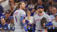 New York Mets second baseman Jeff McNeil (1) looks back at home plate after striking out in the first inning against the Miami Marlins at loanDepot Park. Mandatory Credit: Jim Rassol-Imagn Images