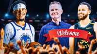 A happy Steph Curry and Steve Kerr holding a welcome banner for Seth Curry who is smiling