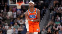 Oklahoma City Thunder guard Shai Gilgeous-Alexander (2) reacts after making a basket against the Golden State Warriors in the fourth quarter at the Chase Center.