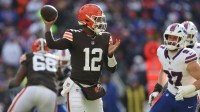 Cleveland Browns quarterback Shedeur Sanders (12) passes the ball against the Buffalo Bills during the first half at Huntington Bank Field.