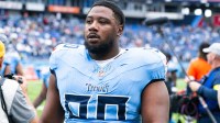 Tennessee Titans defensive tackle Shy Tuttle (90) against the New England Patriots during pre-game warmups at Nissan Stadium.
