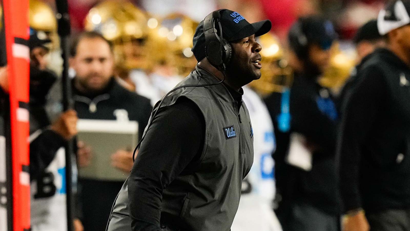UCLA Bruins interim head coach Tim Skipper reacts in the first half of the NCAA college football game at Ohio Stadium on Saturday, Nov. 15, 2025 in Columbus, Ohio.