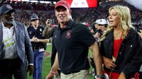 Oklahoma Sooners head coach Brent Venables celebrates after Oklahoma defeated the Alabama Crimson Tide 23-21 at Saban Field at Bryant-Denny Stadium.