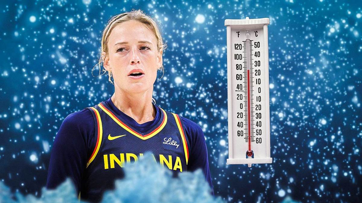 WNBA star Sophie Cunningham with a temperature gauge and snow behind her.