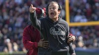 South Carolina Head Coach Shane Beamer disputes a pass interference call in the game with Clemson during the second quarter at Williams-Brice Stadium in Columbia, S.C. Saturday, November 29, 2025.