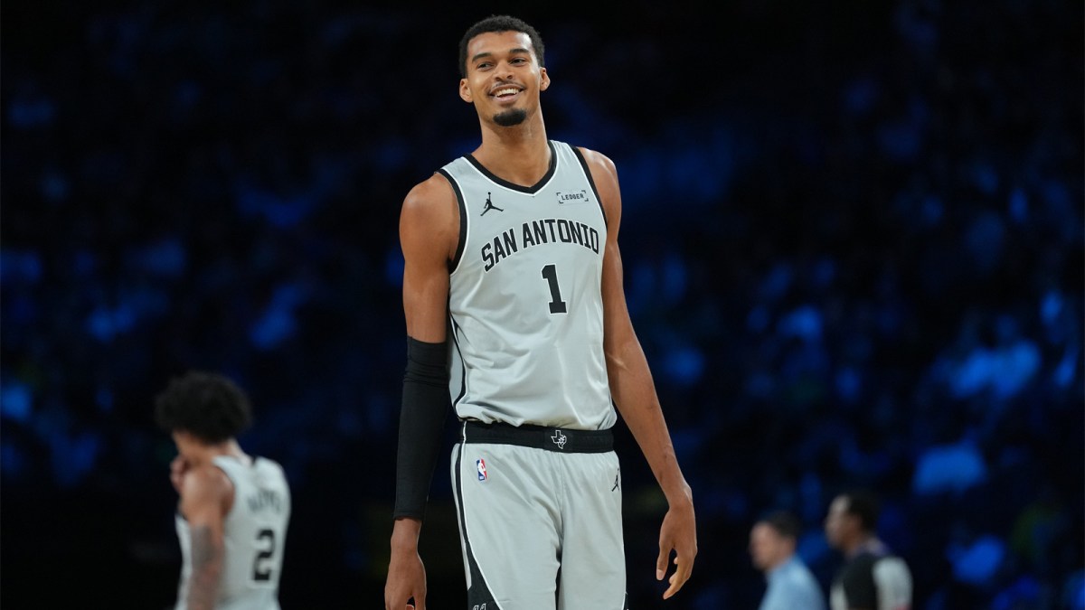 Spurs forward Victor Wembanyama (1) stands on the court against the Oklahoma City Thunder during the second quarter at T-Mobile Arena