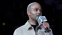Former San Antonio Spurs player and Hall of Fame member Tony Parker honored for his Hall of Fame Induction at halftime of the game against the New Orleans Pelicans at Frost Bank Center