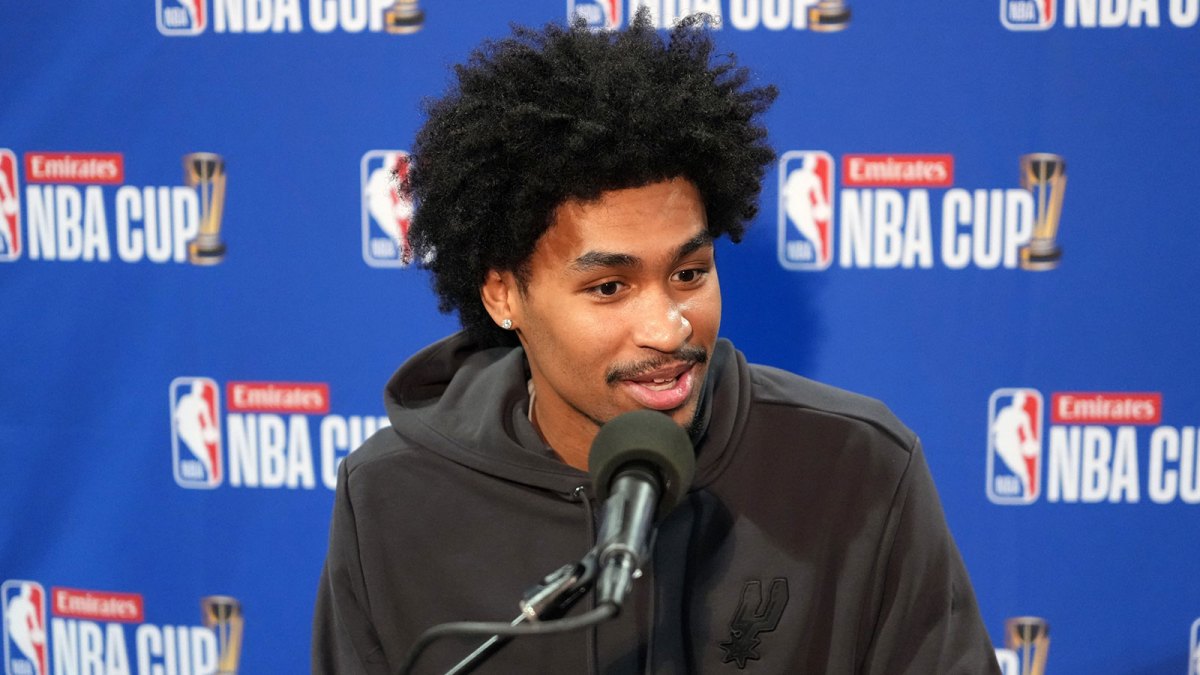 San Antonio Spurs guard Dylan Harper (2) at press conference prior to the Emirates NBA Cup championship at the T-Mobile Arena.