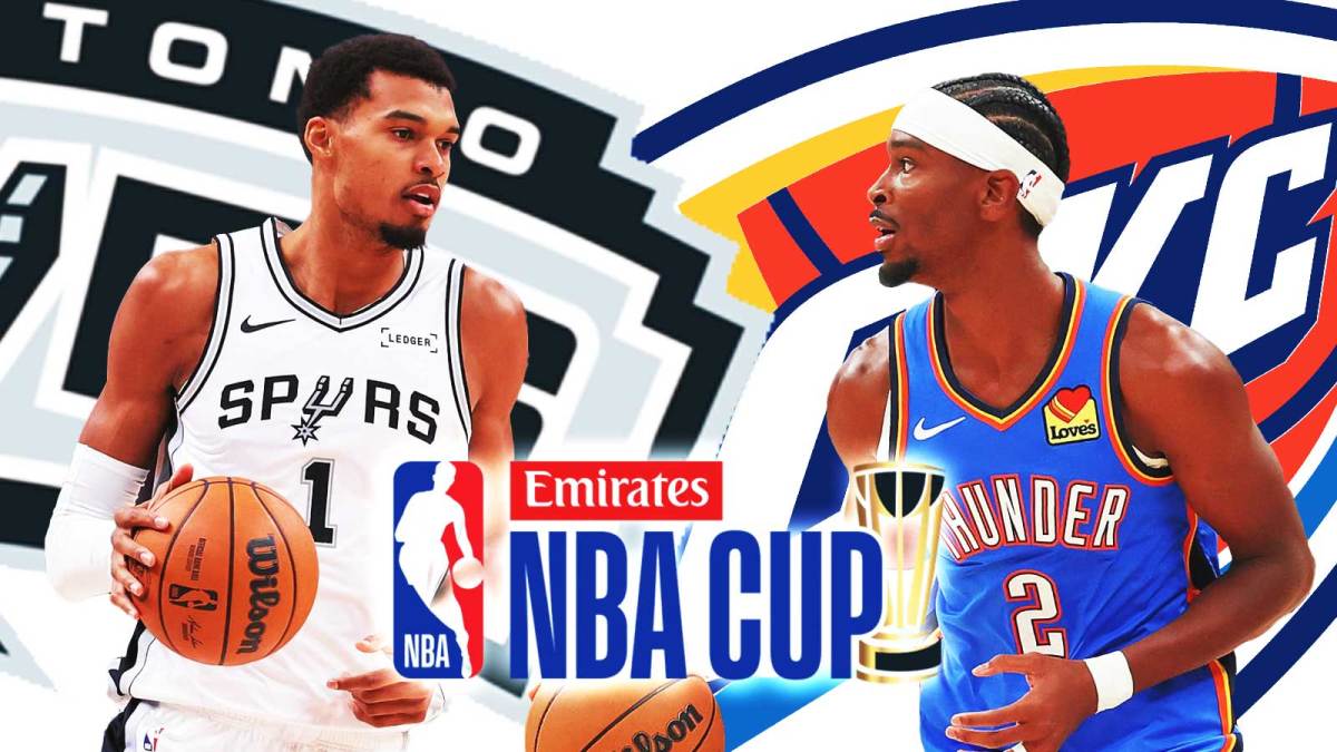 Spurs C Victor Wembanyama with the San Antonio Spurs logo (both on the left). Thunder G Shai Gilgeous-Alexander with Oklahoma City Thunder logo (both on the right). NBA Cup logo in the middle