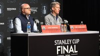 Edmonton Oilers general manager Stan Bowman along with Oilers head coach Kris Knoblauch are seen during media day in advance of the 2025 Stanley Cup Final at Rogers Place.
