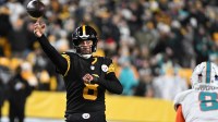 Pittsburgh Steelers quarterback Aaron Rodgers (8) throws in the second quarter against the Miami Dolphins at Acrisure Stadium.