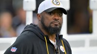 Pittsburgh Steelers head coach Mike Tomlin looks on during warmups before the game against the Los Angeles Chargers at SoFi Stadium