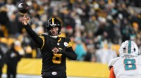 Pittsburgh Steelers quarterback Aaron Rodgers (8) throws in the second quarter against the Miami Dolphins at Acrisure Stadium.