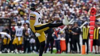 Pittsburgh Steelers outside linebacker TJ. Watt (90) celebrates after a sack during the second quarter at Gillette Stadium.