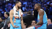 Shaq’s OGs guard Stephen Curry (30) of the Golden State Warriors and forward Kevin Durant (35) of the Phoenix Suns look on in the game against Chuck’s Global Stars during the 2025 NBA All Star Game at Chase Center.