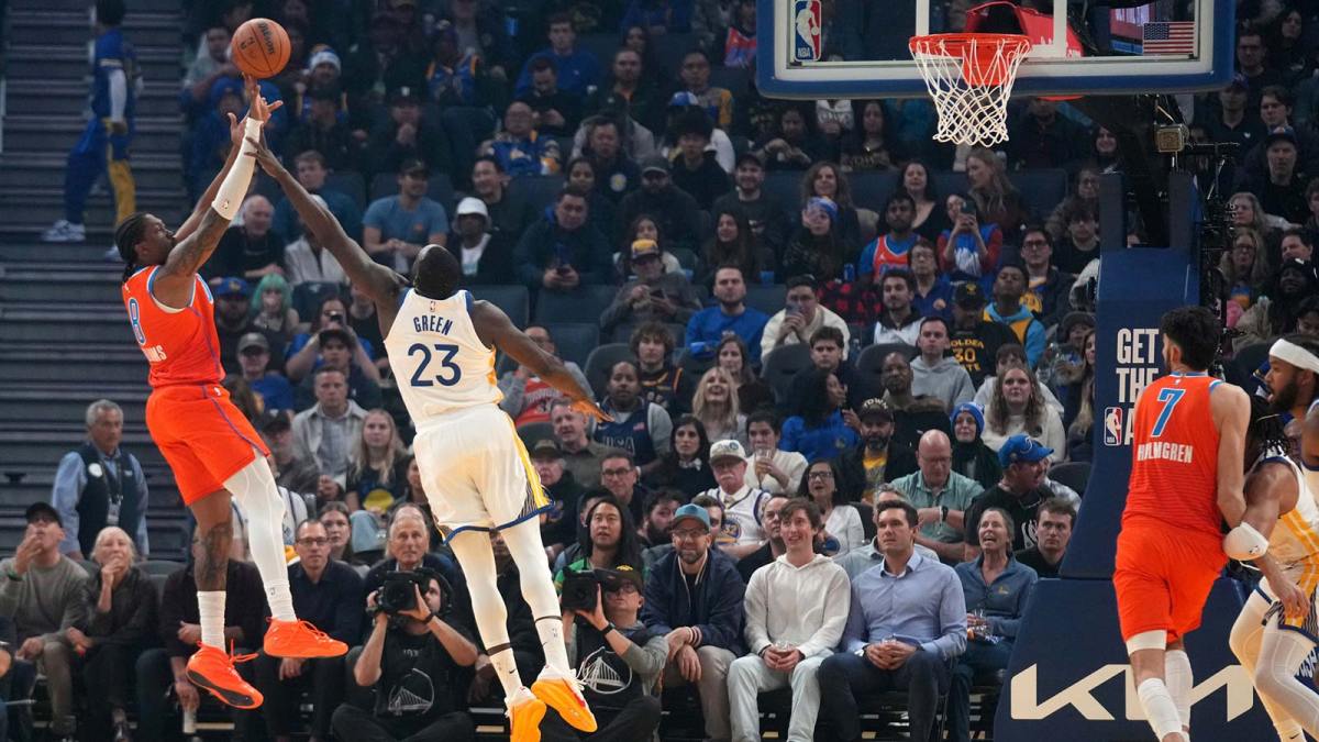 Oklahoma City Thunder guard Jalen Williams (8) makes a shot over Golden State Warriors forward Draymond Green (23) in the first quarter at the Chase Center.