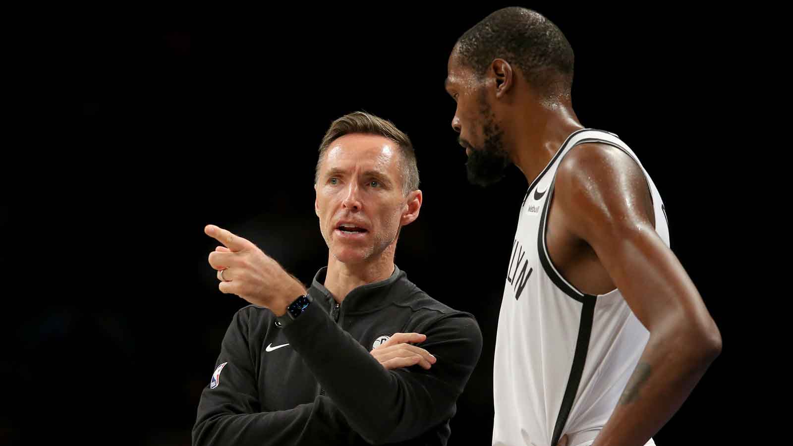 Brooklyn Nets head coach Steve Nash talks to forward Kevin Durant (7) during the second quarter against the Miami Heat at Barclays Center.