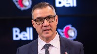 President of Hockey Operations and General Manager Steve Staios speaks to the media pprior to match between the Dallas Stars and the Ottawa Senators at the Canadian Tire Centre.