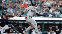 Cleveland Guardians outfielder Steven Kwan (38) hits a single in the first inning against the Detroit Tigers at Comerica Park.